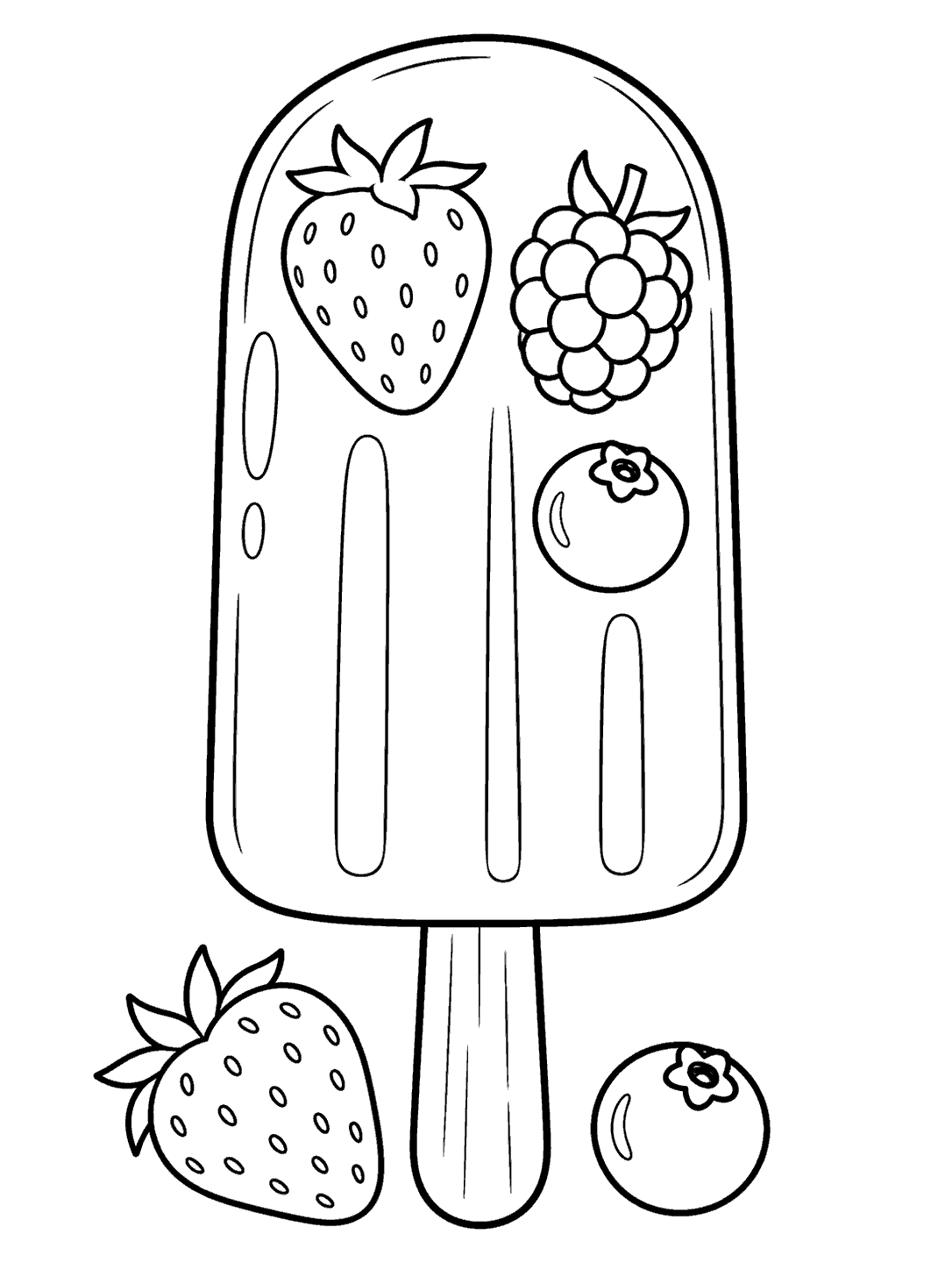 Black outline coloring page of a tall popsicle with berries embedded near the top and two loose berries beside its stick.