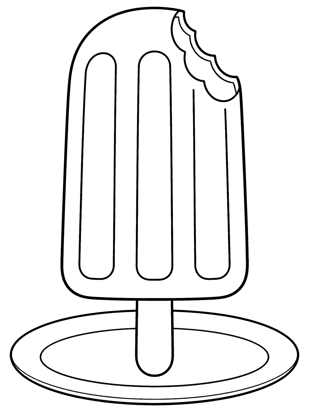 Black line art of a tall popsicle with a scalloped bite in its upper right corner, standing on a plate.
