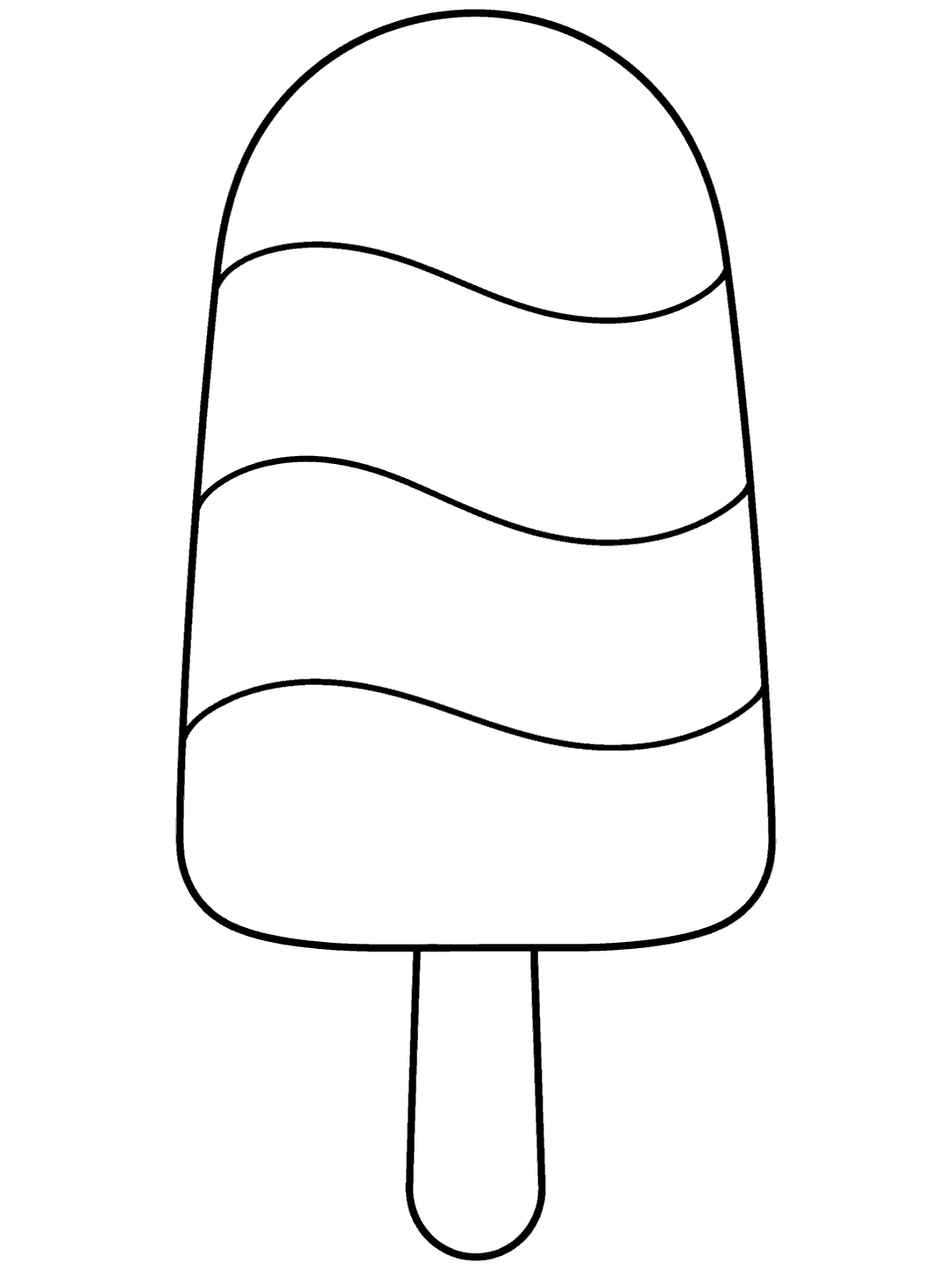 Black-outline coloring page of a tall popsicle divided into four curved horizontal layers with a plain stick.