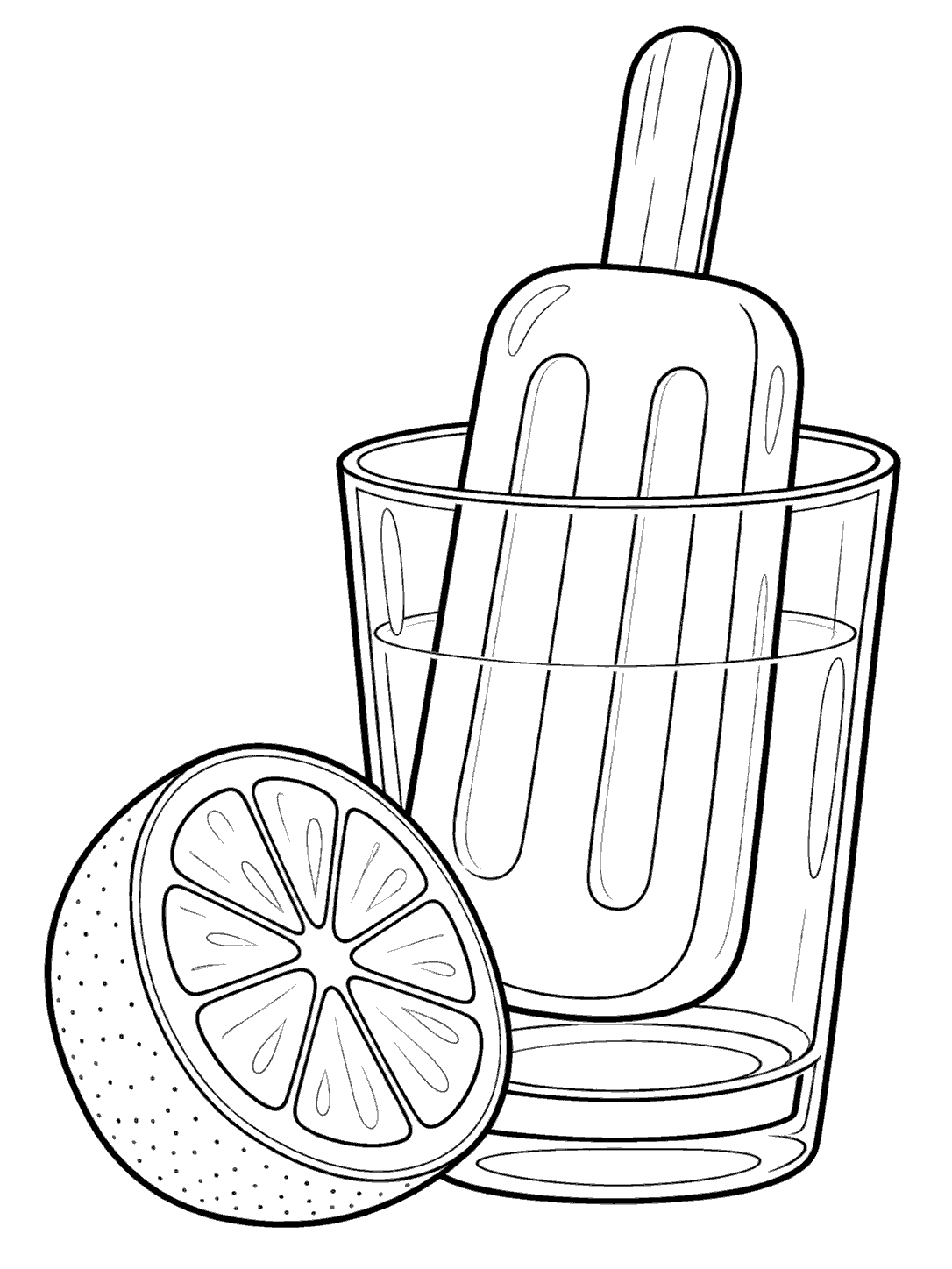 Black outline coloring page of a popsicle in a tall glass with a lemon slice beside it.