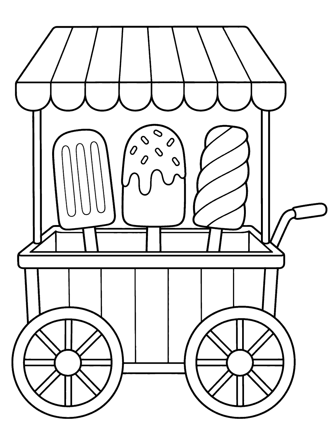 Popsicle cart coloring page with a striped canopy, three upright treats, two large wheels, and a handle.