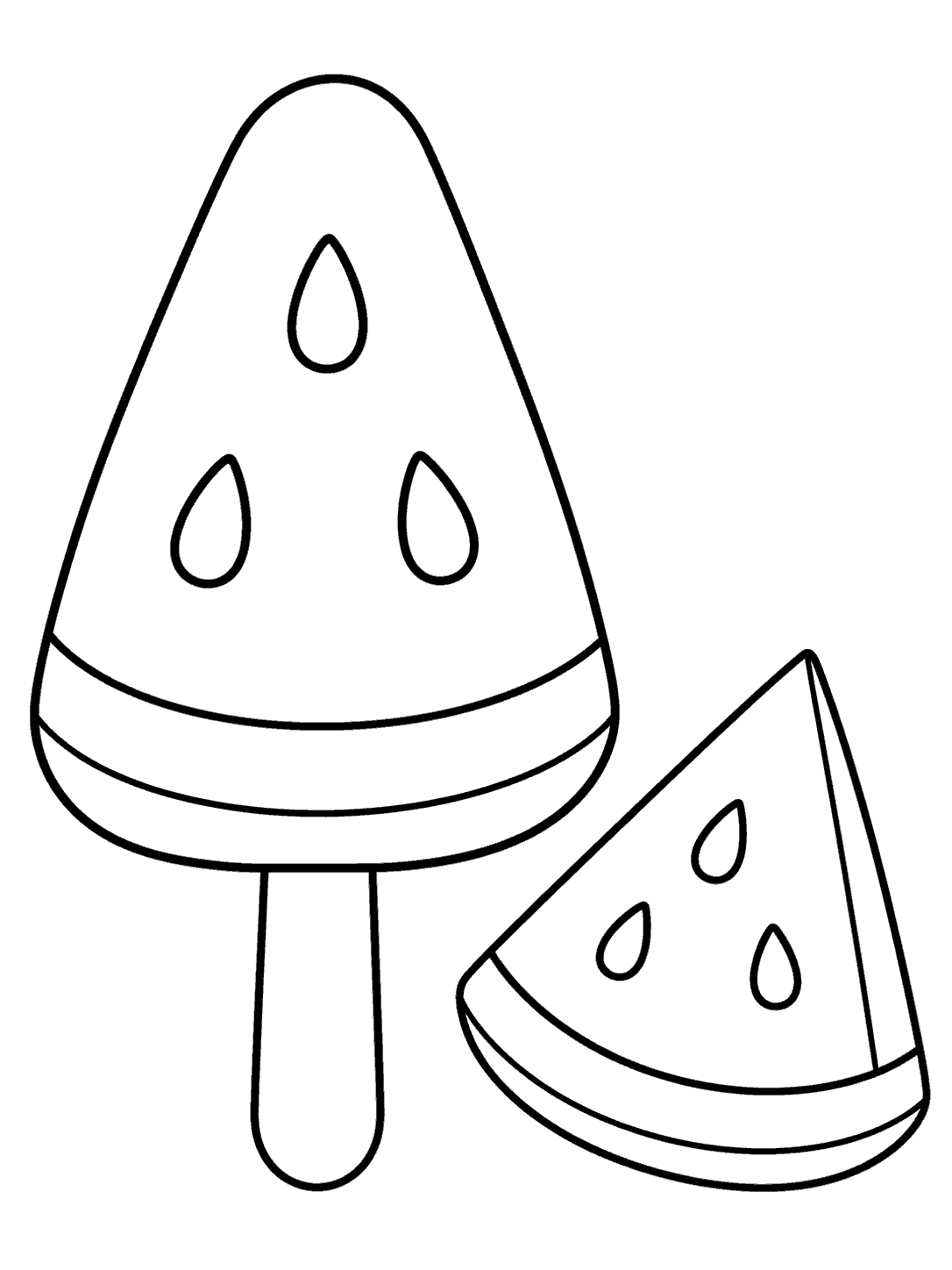 Black-line coloring page showing a watermelon-shaped popsicle with three seeds and a separate watermelon slice.