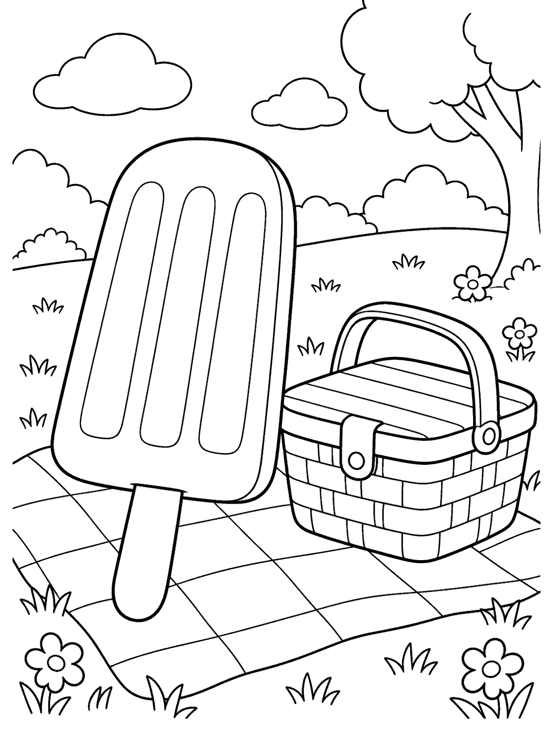 Black-outline coloring page showing a popsicle and picnic basket on a blanket, with clouds, a tree, grass, and flowers.