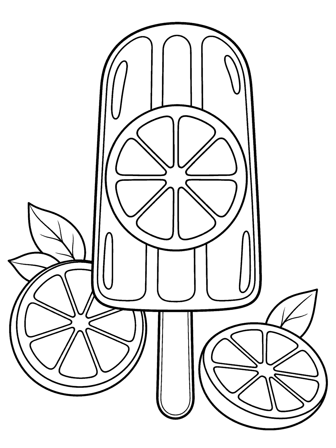Black-outline coloring page showing an upright popsicle with a citrus wheel inside and two separate citrus slices beside it.