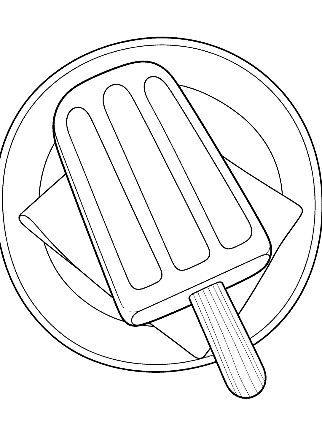 A diagonally placed popsicle with a wooden stick and napkin corner on a round plate, drawn in black outlines.