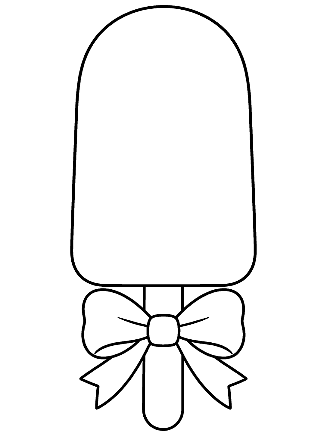 Popsicle with a bow coloring page, with a blank rounded treat and broad bow loops on its stick.