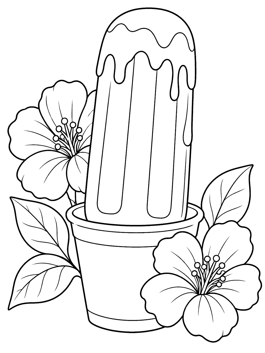 Black-and-white popsicle coloring page with two flowers and leaves around a popsicle in a cup.