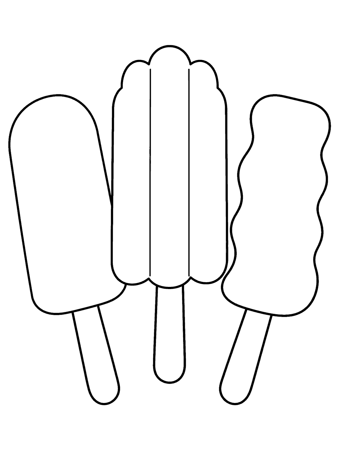 Three mini popsicles with rounded, scalloped, and wavy shapes arranged in a fan as a coloring page.
