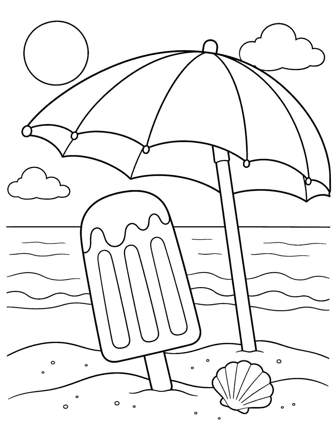A large striped beach umbrella, a standing popsicle, and a small shell on a simple beach in black line art.