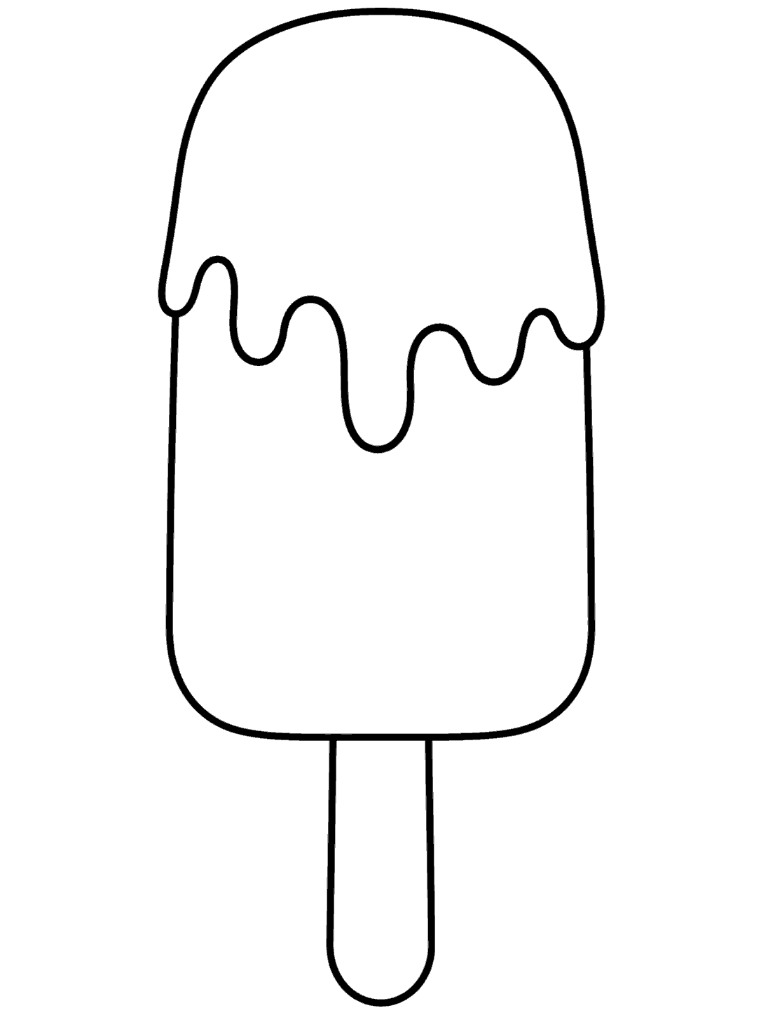 Black-outline coloring page showing one upright popsicle with a gentle chocolate drip edge, plain lower section, and wooden stick.