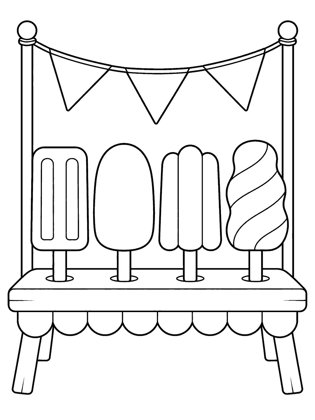Popsicle party stand coloring page with four distinct popsicles and three blank bunting flags.