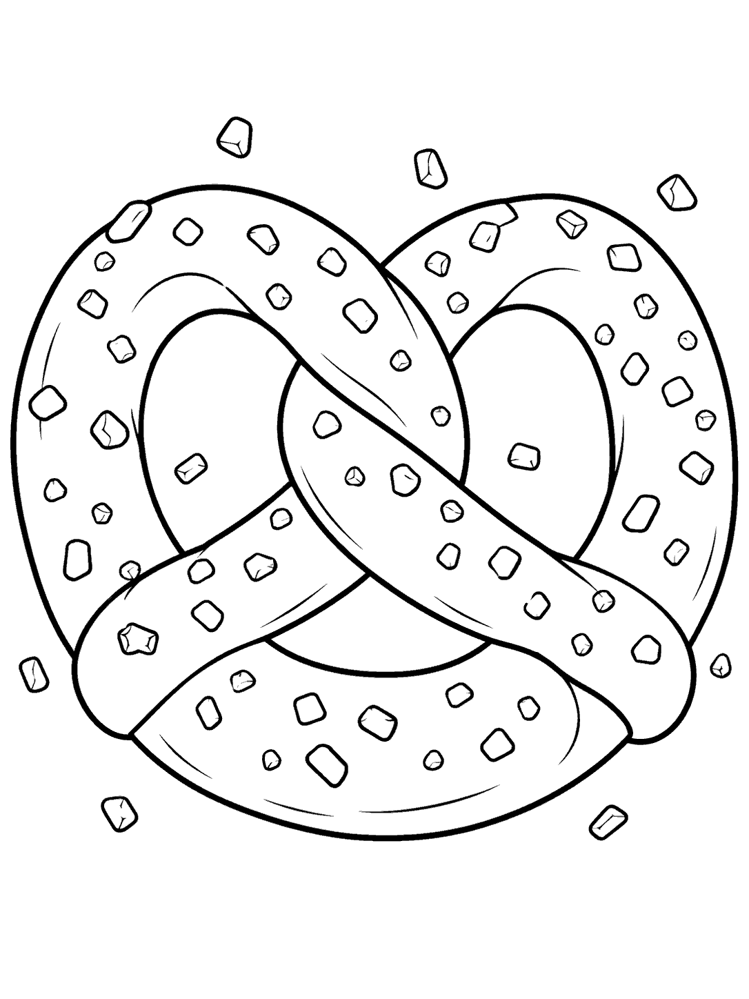 Black-outline classic twisted pretzel with salt crystals coloring page