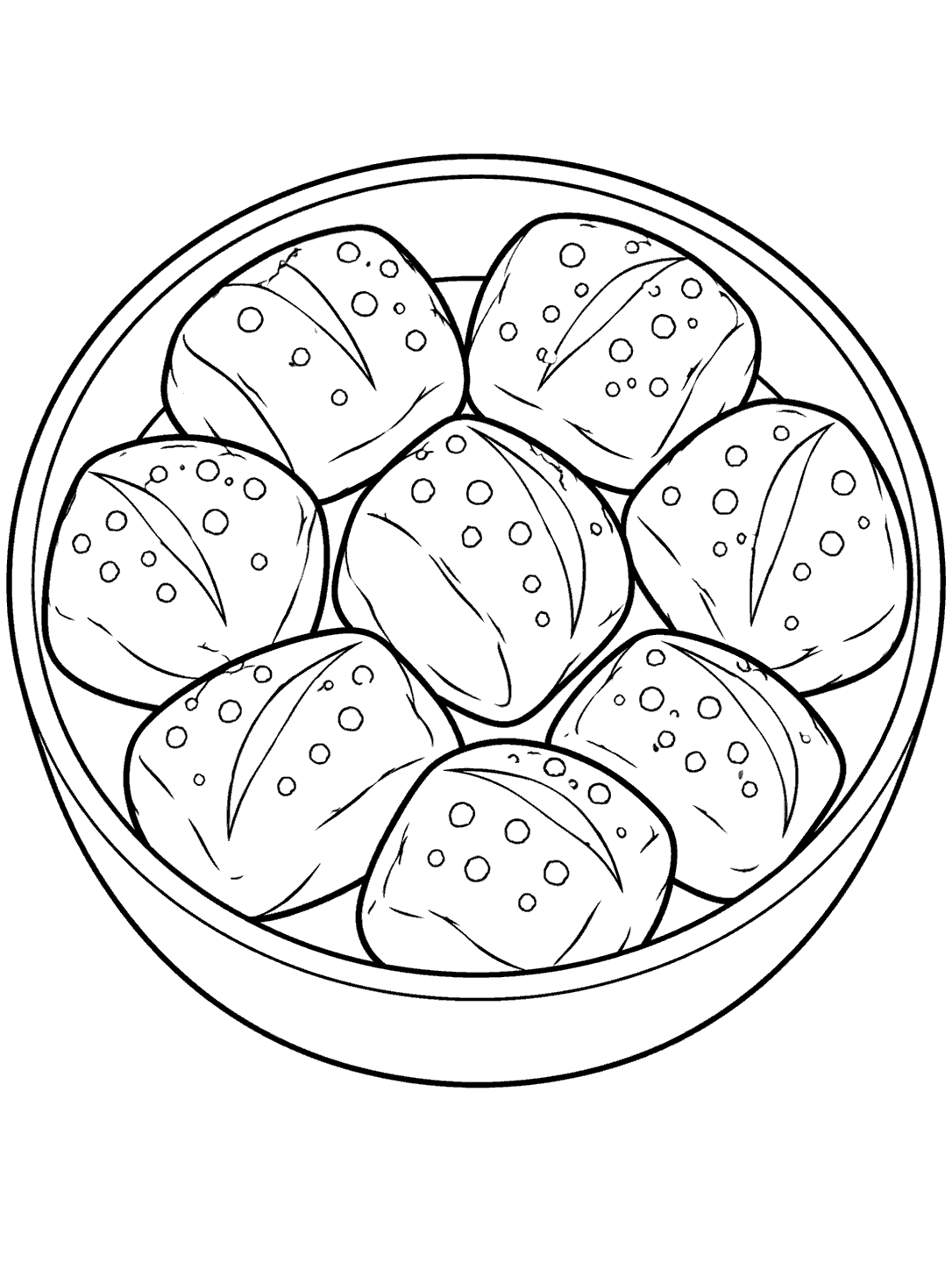 Black-outline coloring page of eight salted pretzel bites in a round bowl