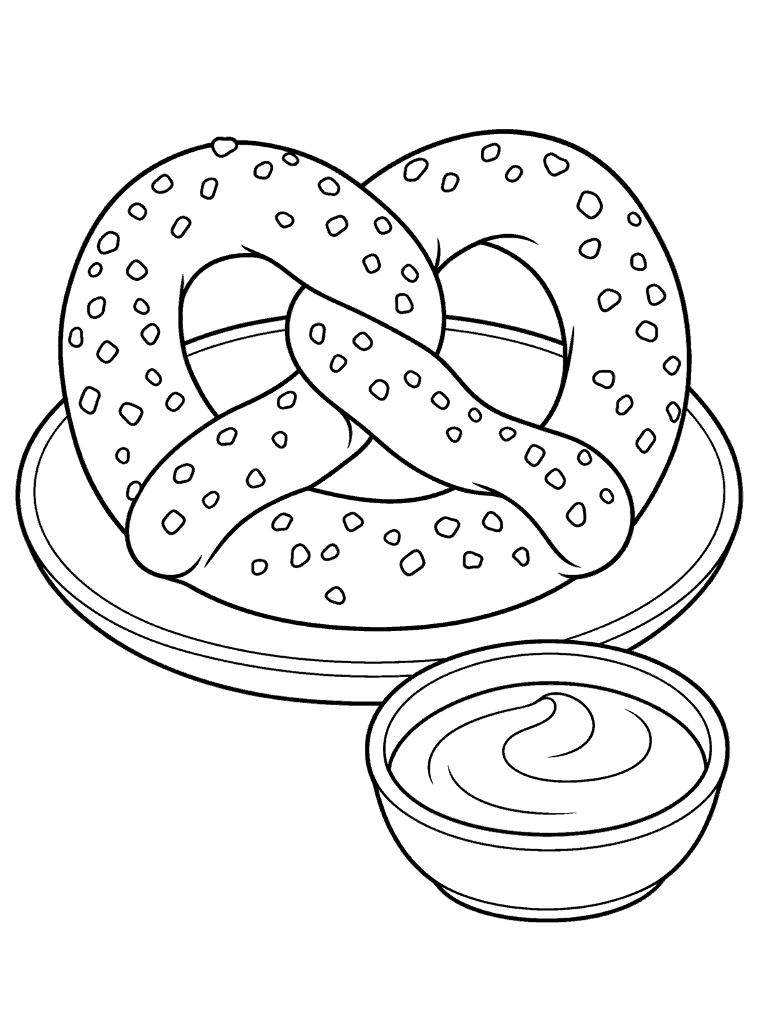 Black-outline coloring page of a salted pretzel on a plate beside a round mustard dish with a swirl.