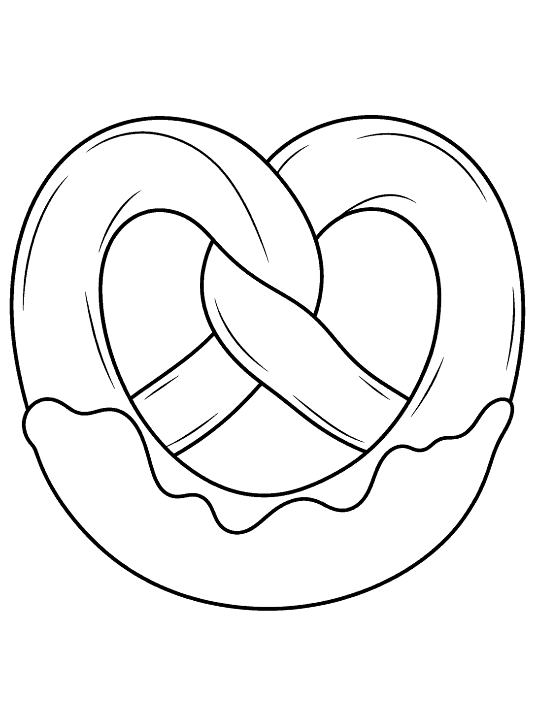 Black-outline pretzel with a wavy chocolate coating boundary along its lower edge, on a white coloring page.