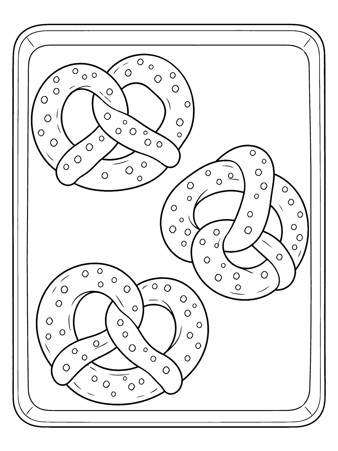 Black-outline coloring page showing three twisted pretzels on a rectangular baking tray.