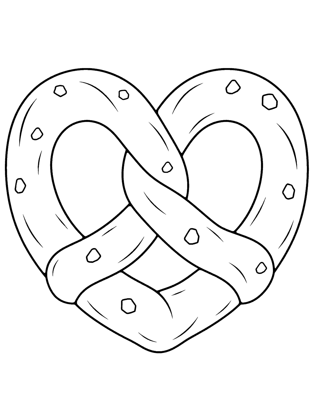 Heart-shaped pretzel coloring page with a clear central twist and salt crystals.