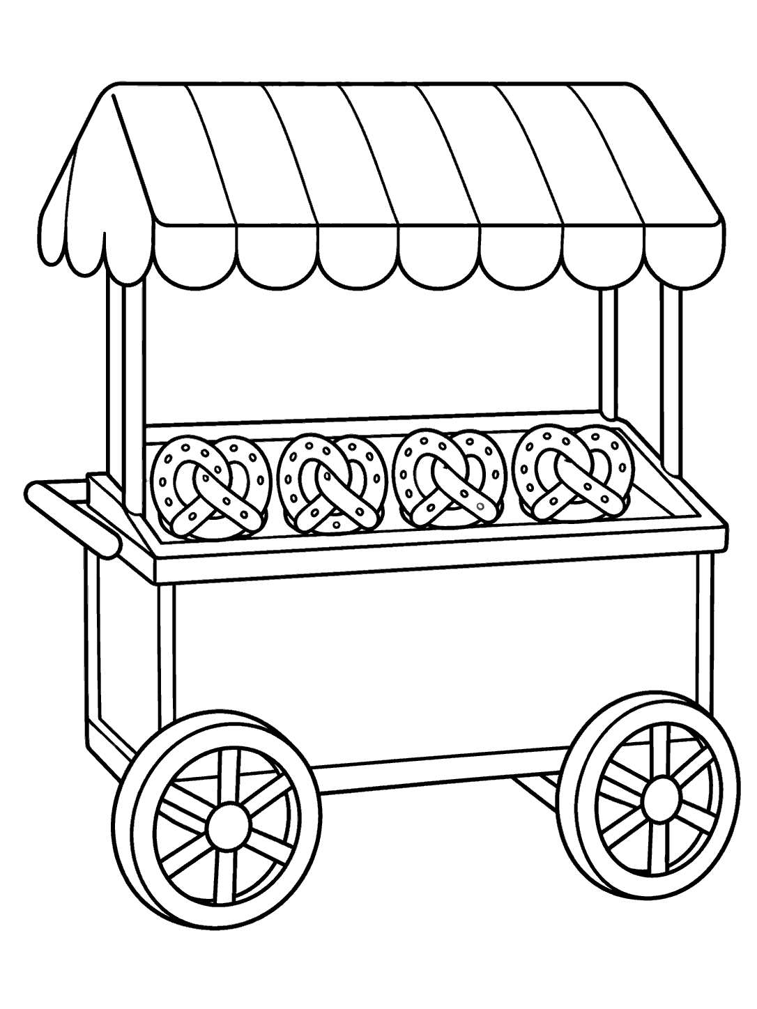 Black-outline coloring page of a pretzel cart with a canopy, two wheels, and a tray holding four pretzels.