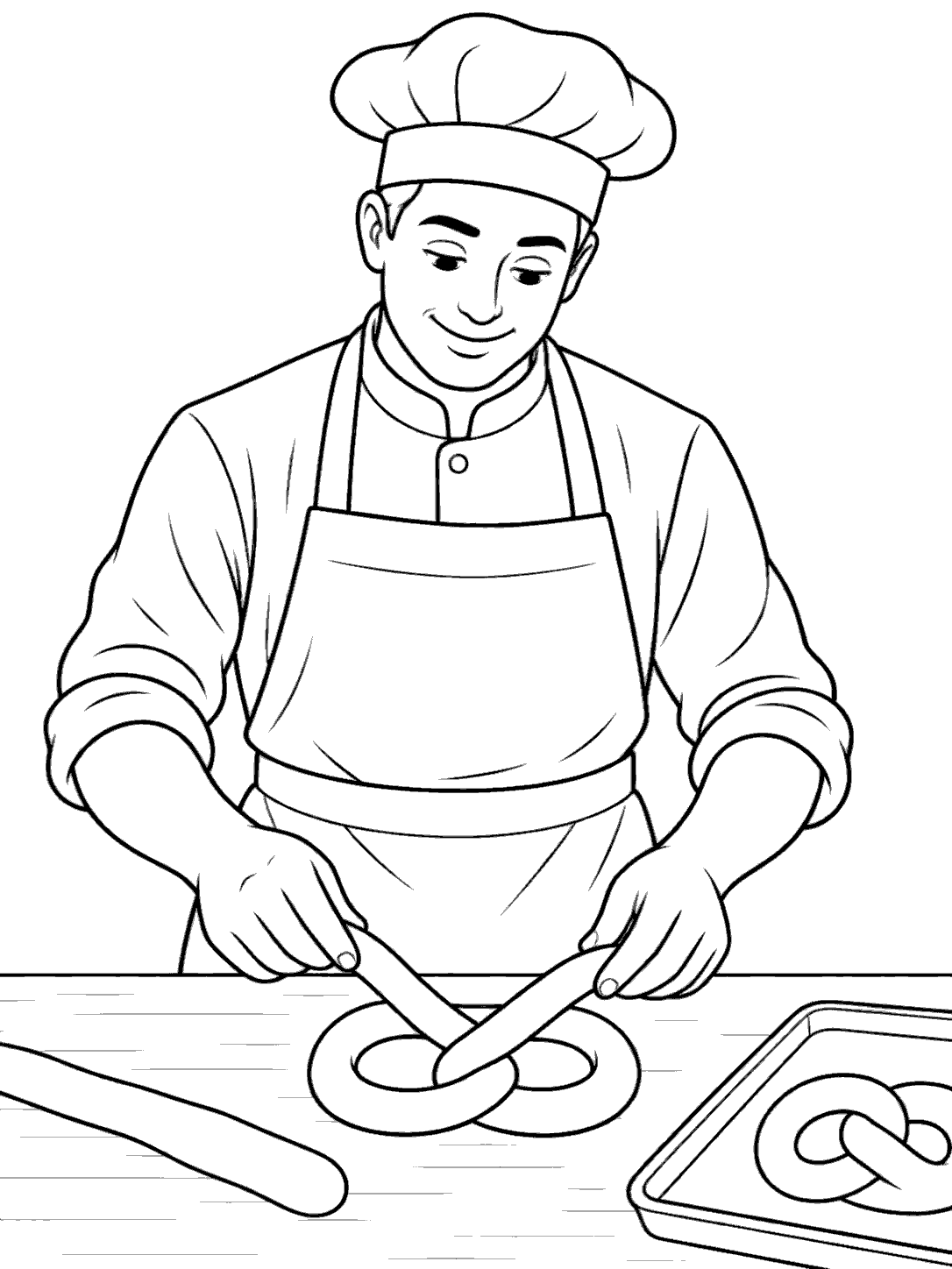 Baker shaping a pretzel at a counter coloring page