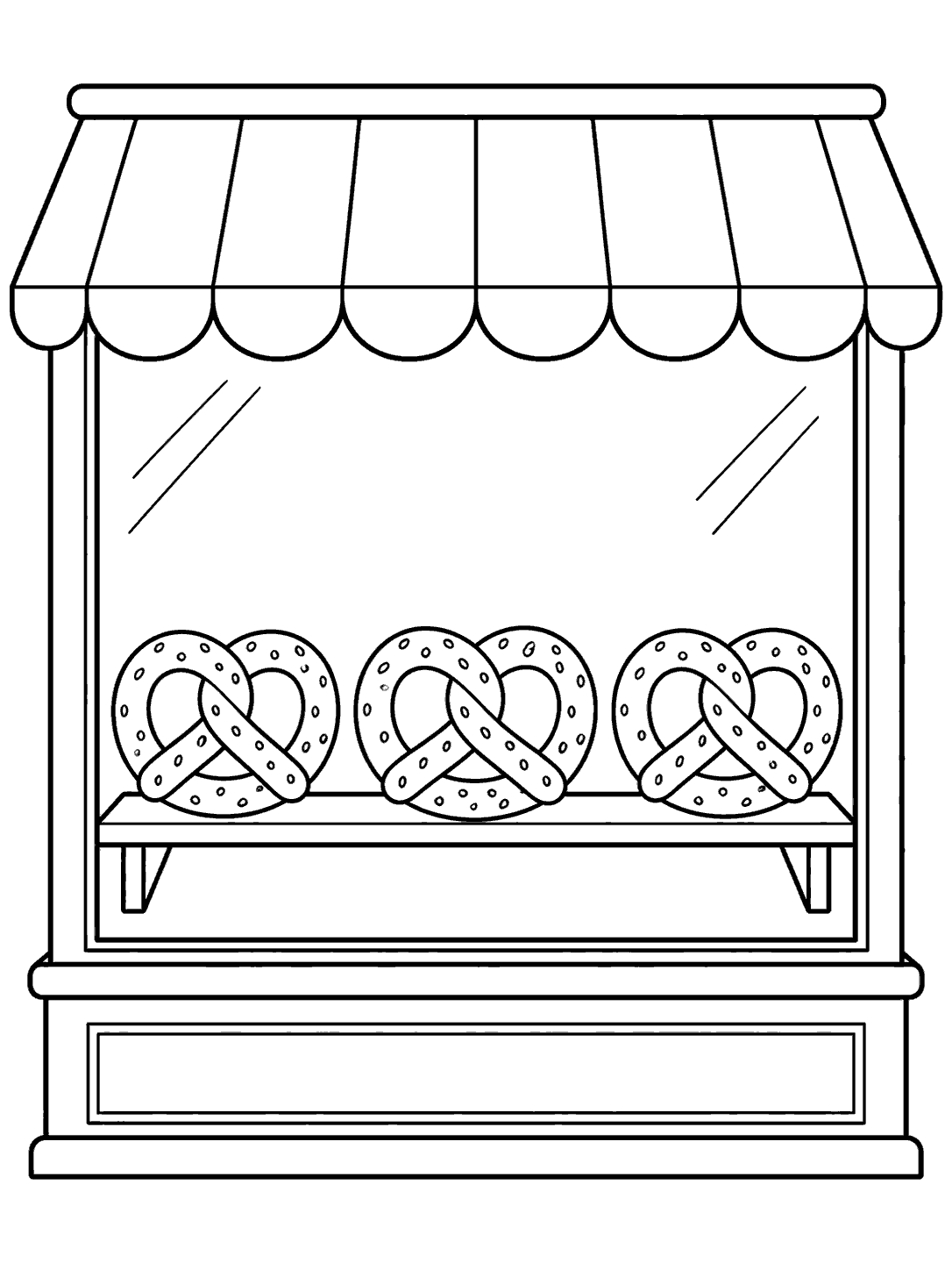 Black-outline bakery window with an awning, glass reflections, and three pretzels on a shelf.