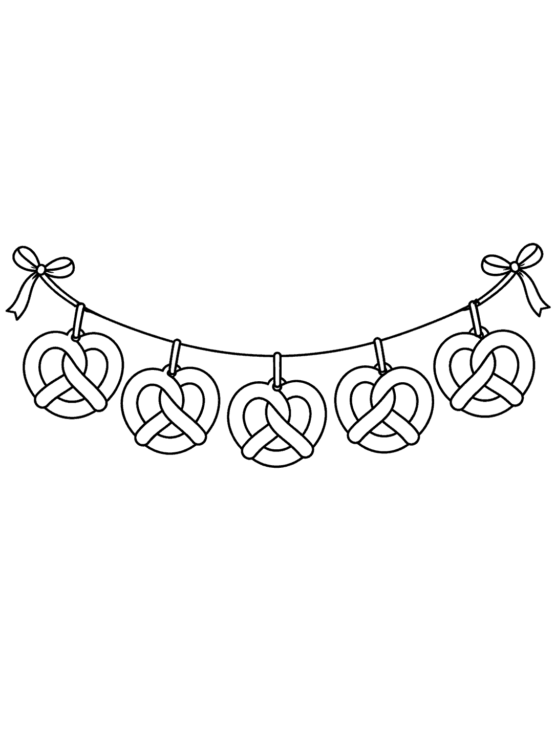 Black-outline coloring page of five pretzel ornaments hanging from a curved string garland with bows at both ends.