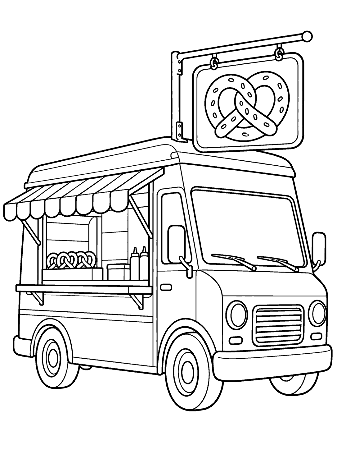 Black-outline food truck coloring page with an open serving window and a large pretzel on its hanging sign