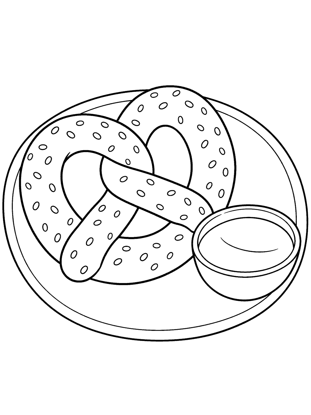 Black-outline coloring page of a salted pretzel on a plate beside a bowl of cheese dip