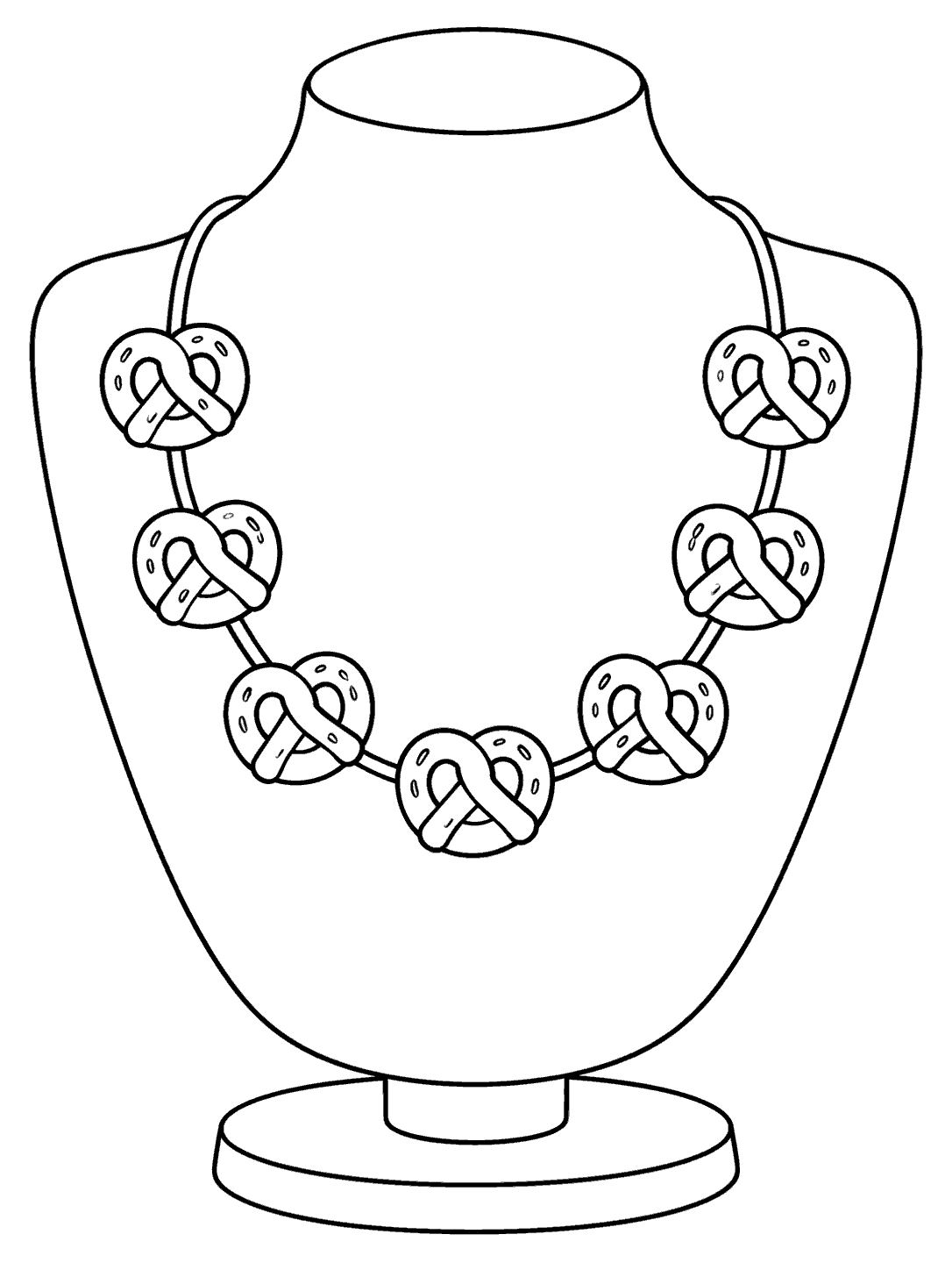 Seven pretzel-shaped beads arranged as a necklace on a jewelry stand, in a black-outline coloring page.