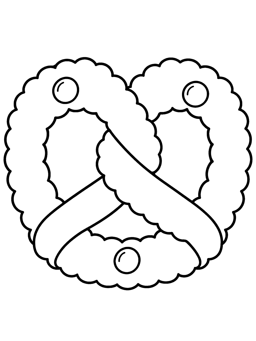 Large scalloped pretzel-shaped cookie with three round decorations, outlined for coloring.