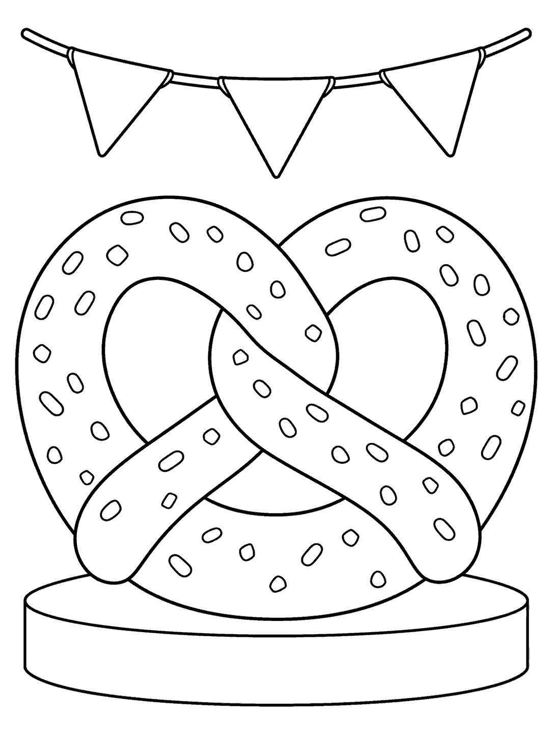 Oversized twisted pretzel with salt details on a low platform beneath three triangular flags, drawn as a black-outline coloring page.