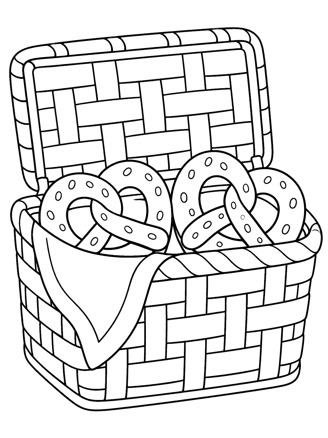 Picnic basket holding pretzels coloring page