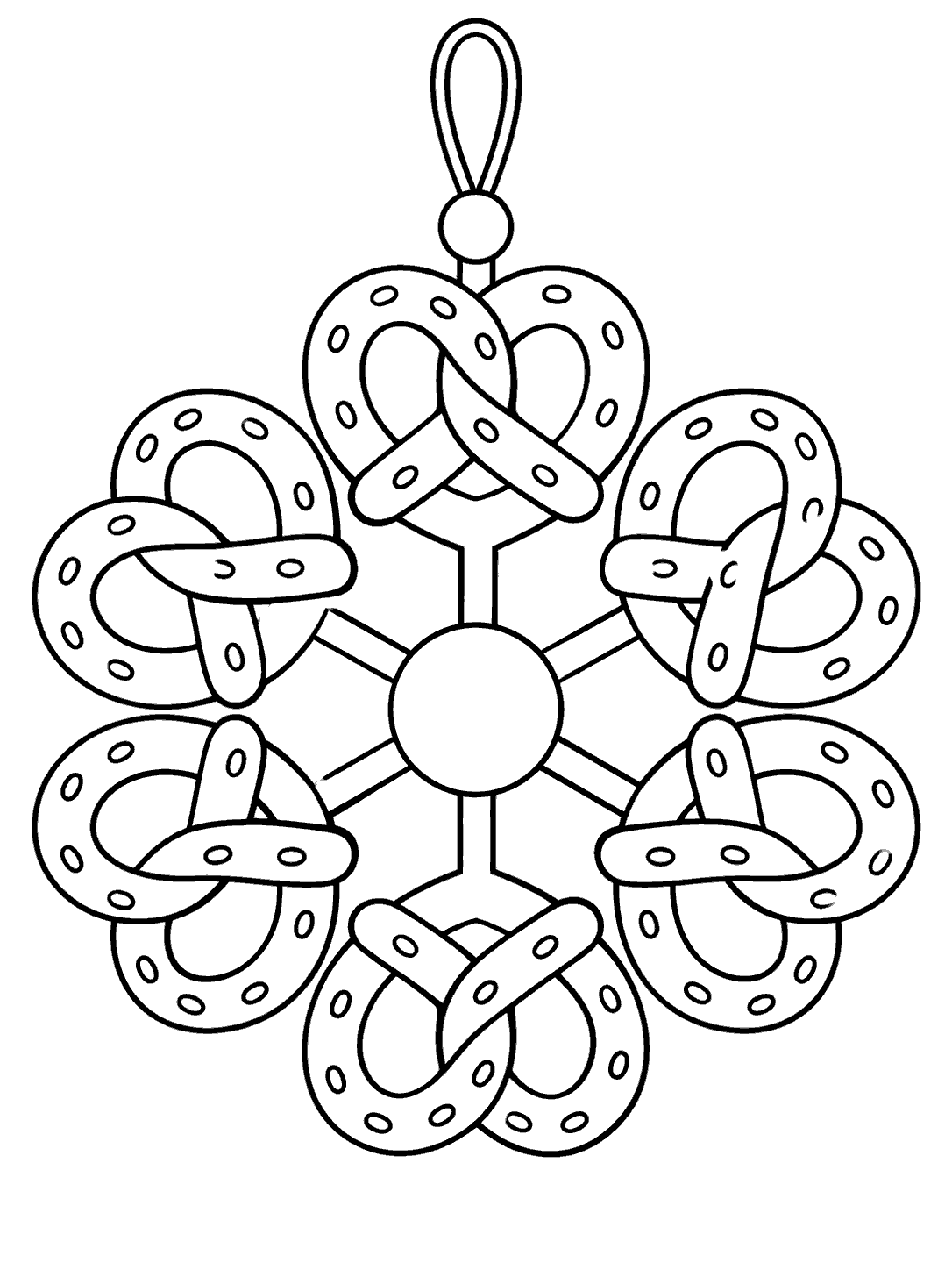 Black-outline coloring page of six pretzel twists arranged as a snowflake ornament around a central circle, with a hanging loop above.