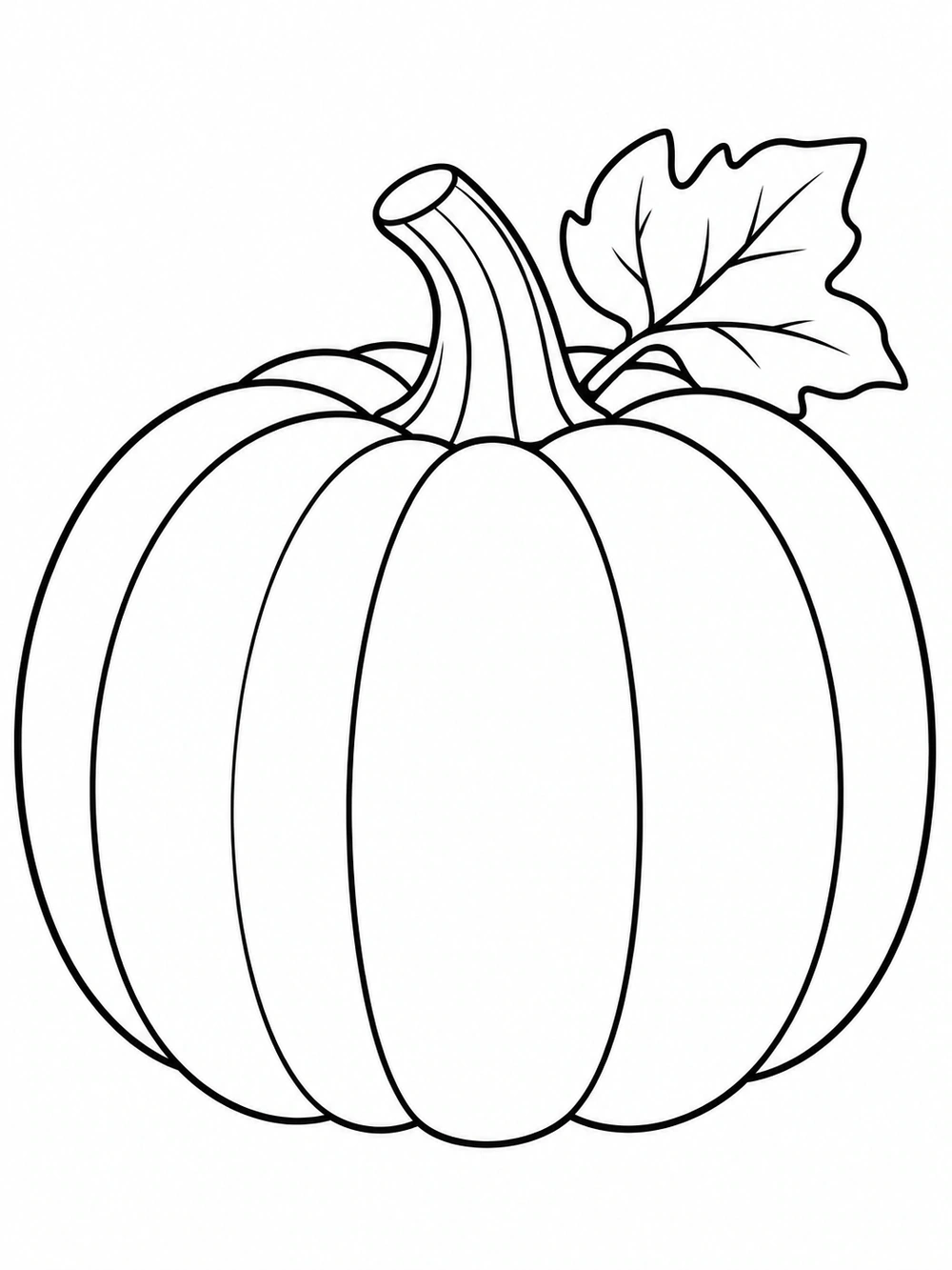 A large round pumpkin with broad lobes, a curved stem, and a simple leaf, drawn in black outlines on white.