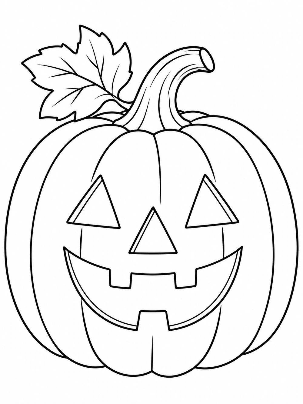 A plump jack-o’-lantern with triangle eyes, a wide smiling mouth, curved stem, and large leaf