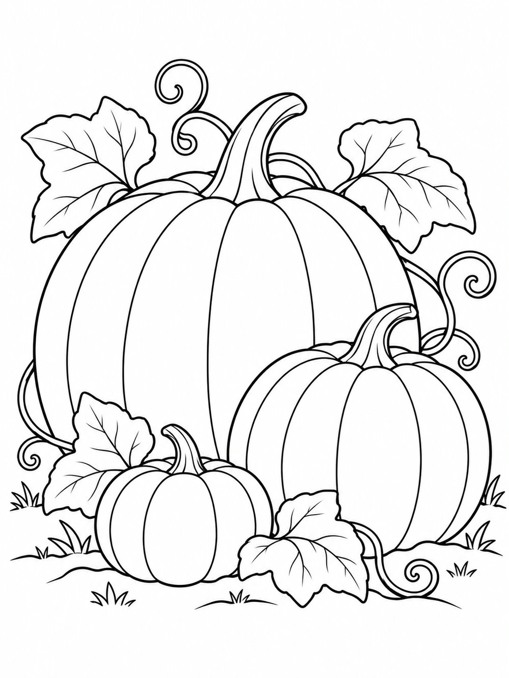 Three pumpkins of different sizes with leafy vines and grass on a white coloring page