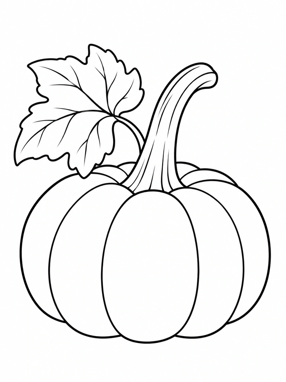 A single squat pumpkin with broad lobes, a tall curved stem, and one large leaf in black outline on white.