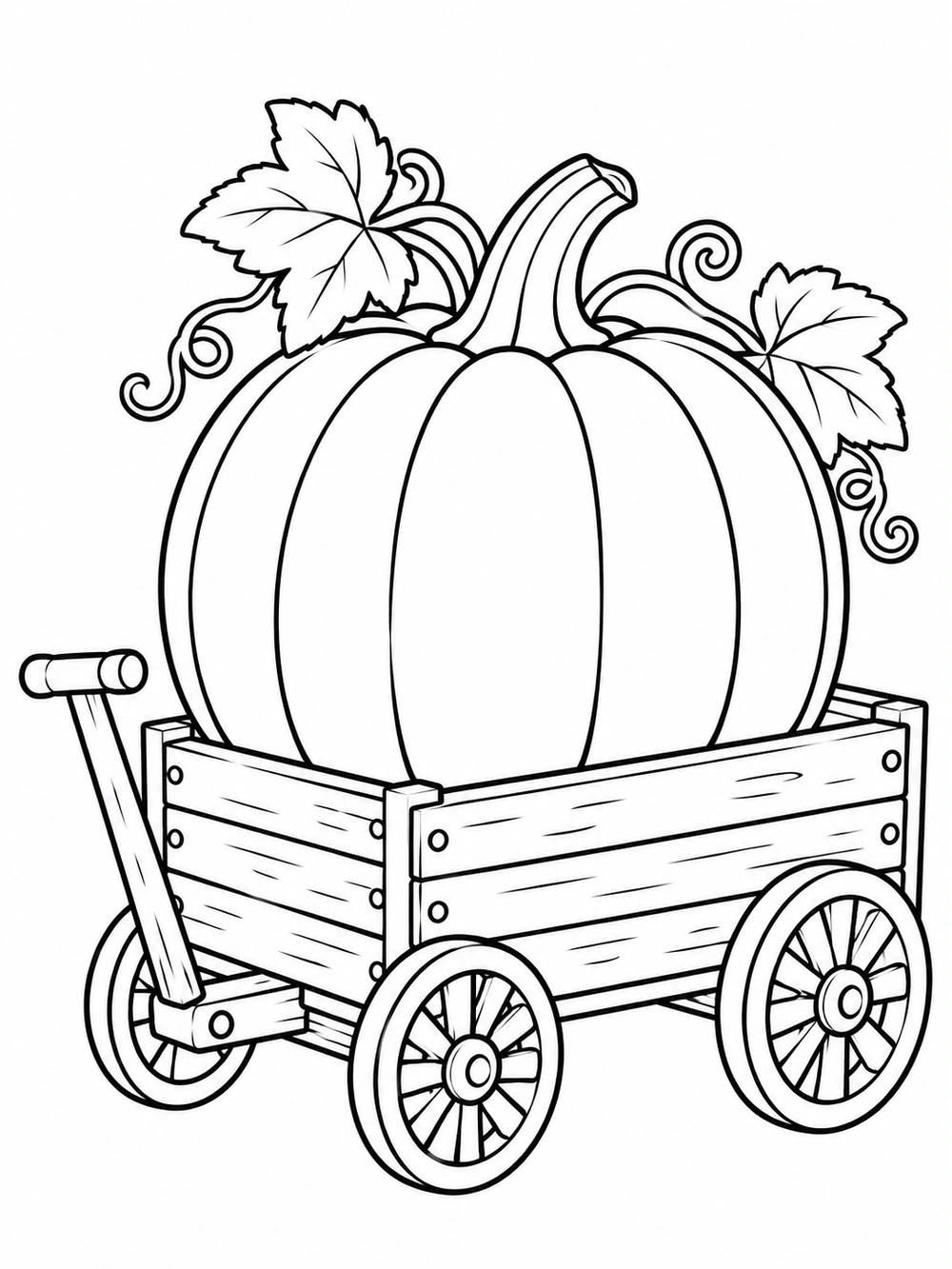 A large lobed pumpkin with leaves sitting in a small wooden wagon with spoked wheels and a handle.