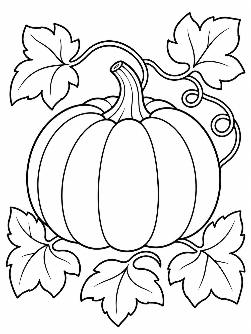 Black outline coloring page with a centered pumpkin framed by five broad leaves and curling vines.
