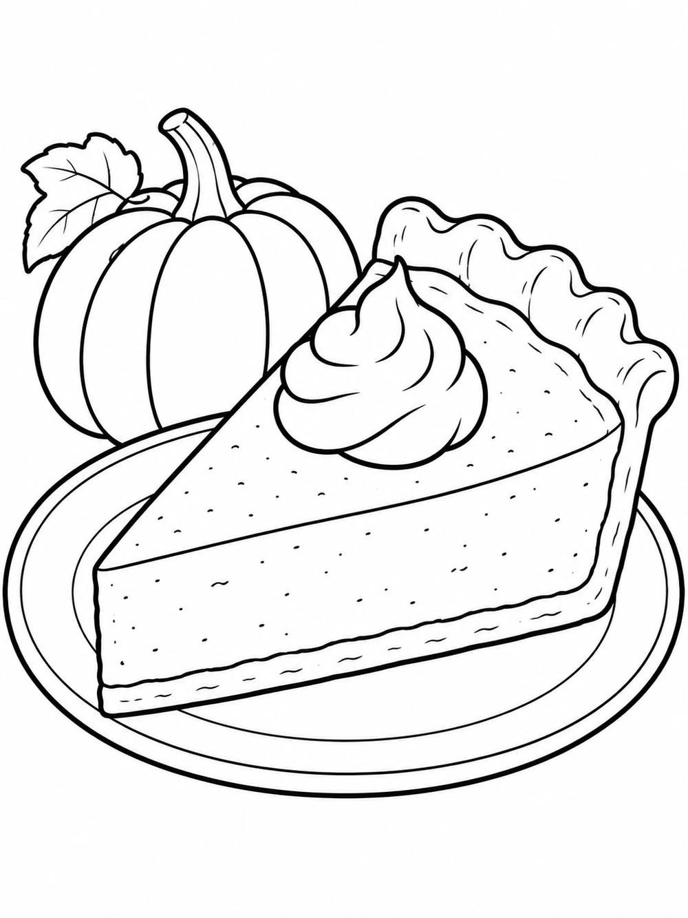 A slice of pumpkin pie with whipped cream on a plate beside a small whole pumpkin