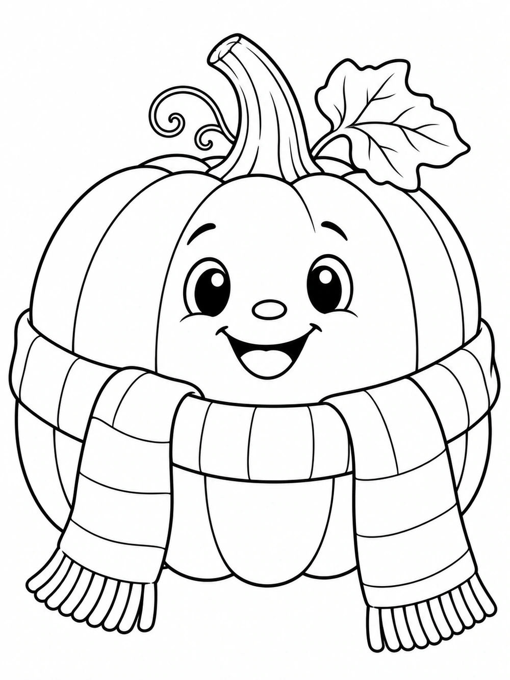 A smiling plump pumpkin with a leaf and curled vine, wearing a long striped scarf wrapped around its middle with two fringed ends.