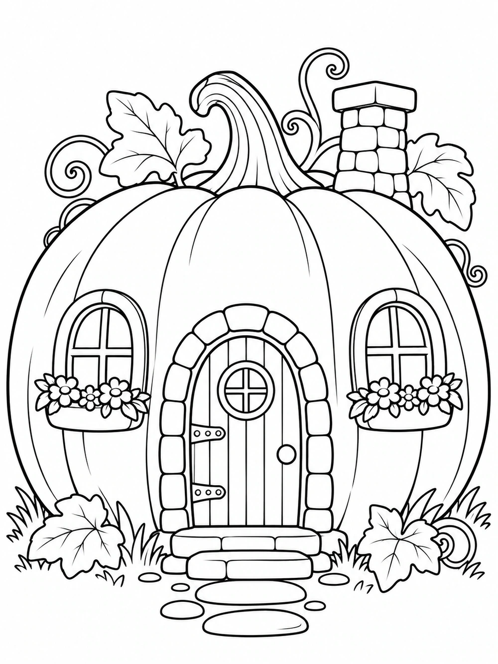 A large lobed pumpkin cottage with an arched door, two flower-box windows, a brick chimney, leaves, and stepping stones in black outline.