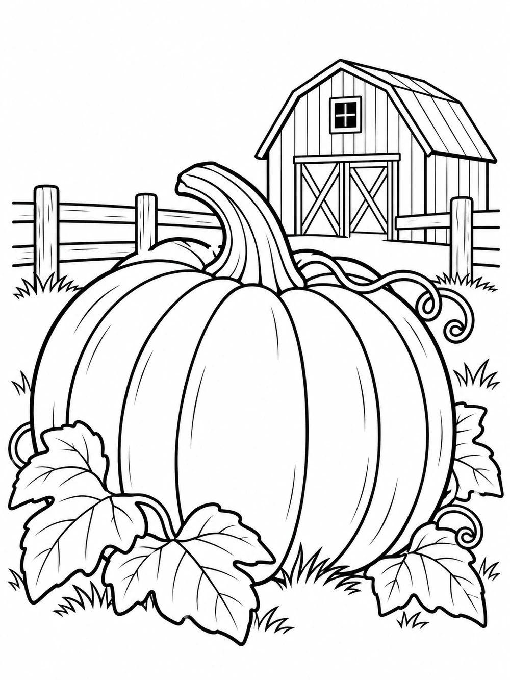 A large pumpkin with leaves and curling vines in front of a barn and short rail fence.