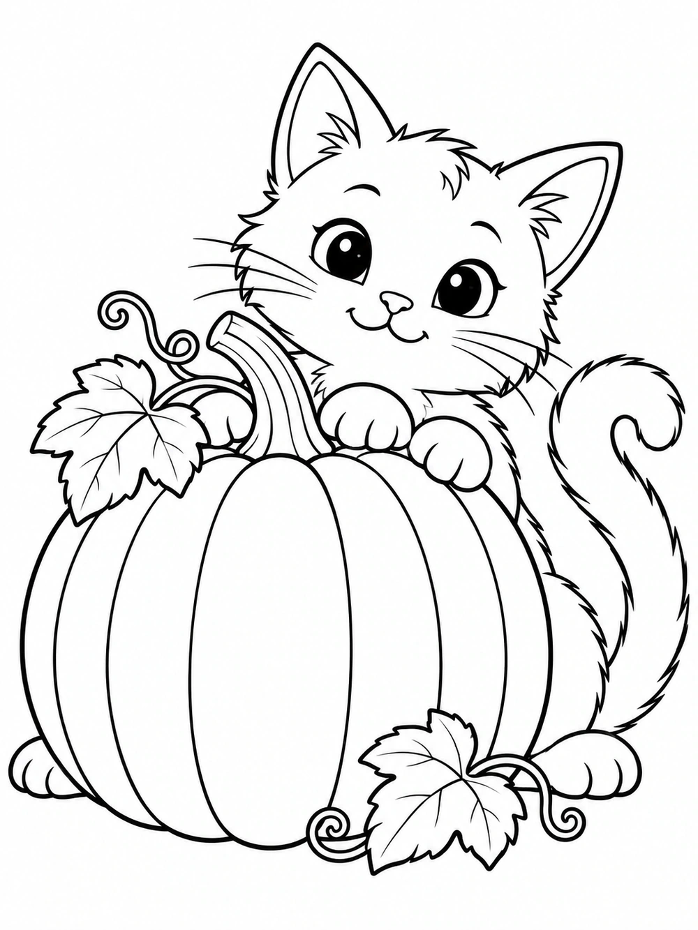 Black-and-white coloring page showing a wide-eyed cat peeking over a large pumpkin, with curling tail and leaves.