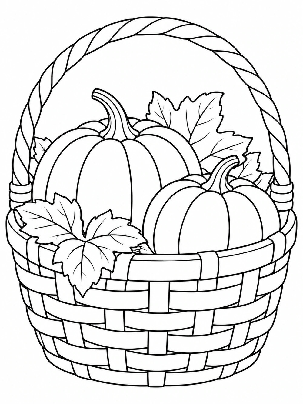 Two pumpkins and broad leaves inside a large handled woven basket