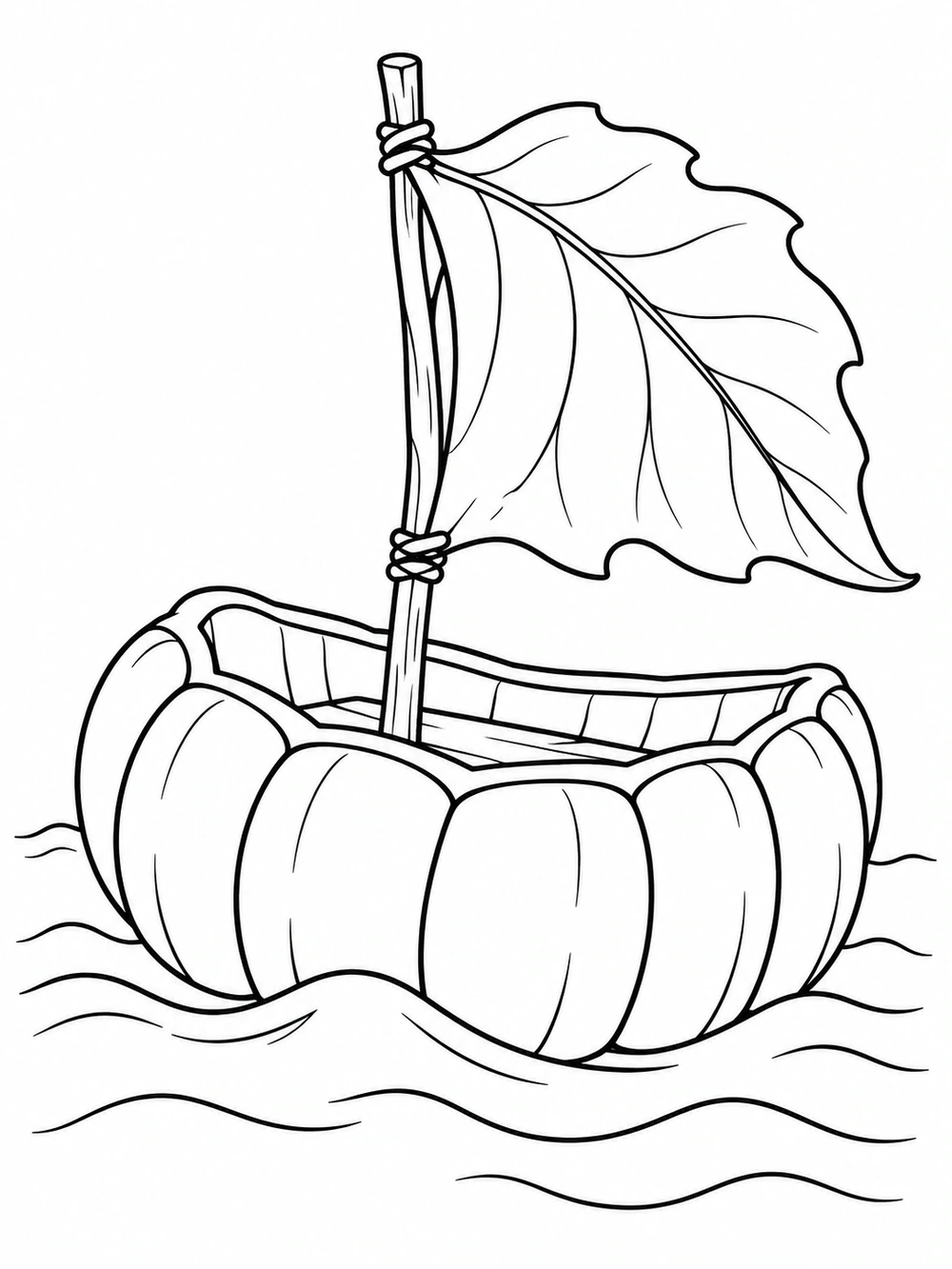 A lobed pumpkin boat with a broad leaf sail floating on gentle waves.