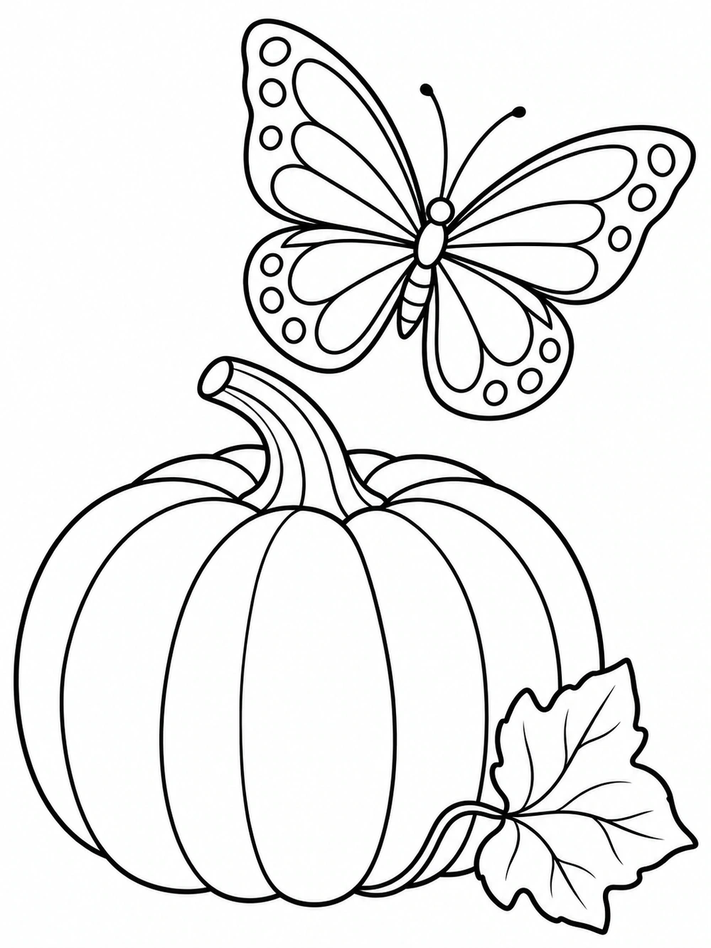Black-outline coloring page showing a broad-winged butterfly above a large ribbed pumpkin, with a leaf beside it.