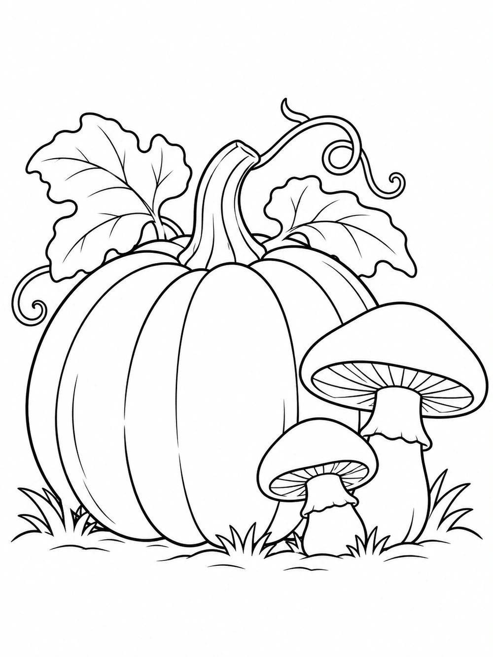 A large pumpkin with two mushrooms of different heights, leafy vines, and a small ground line.