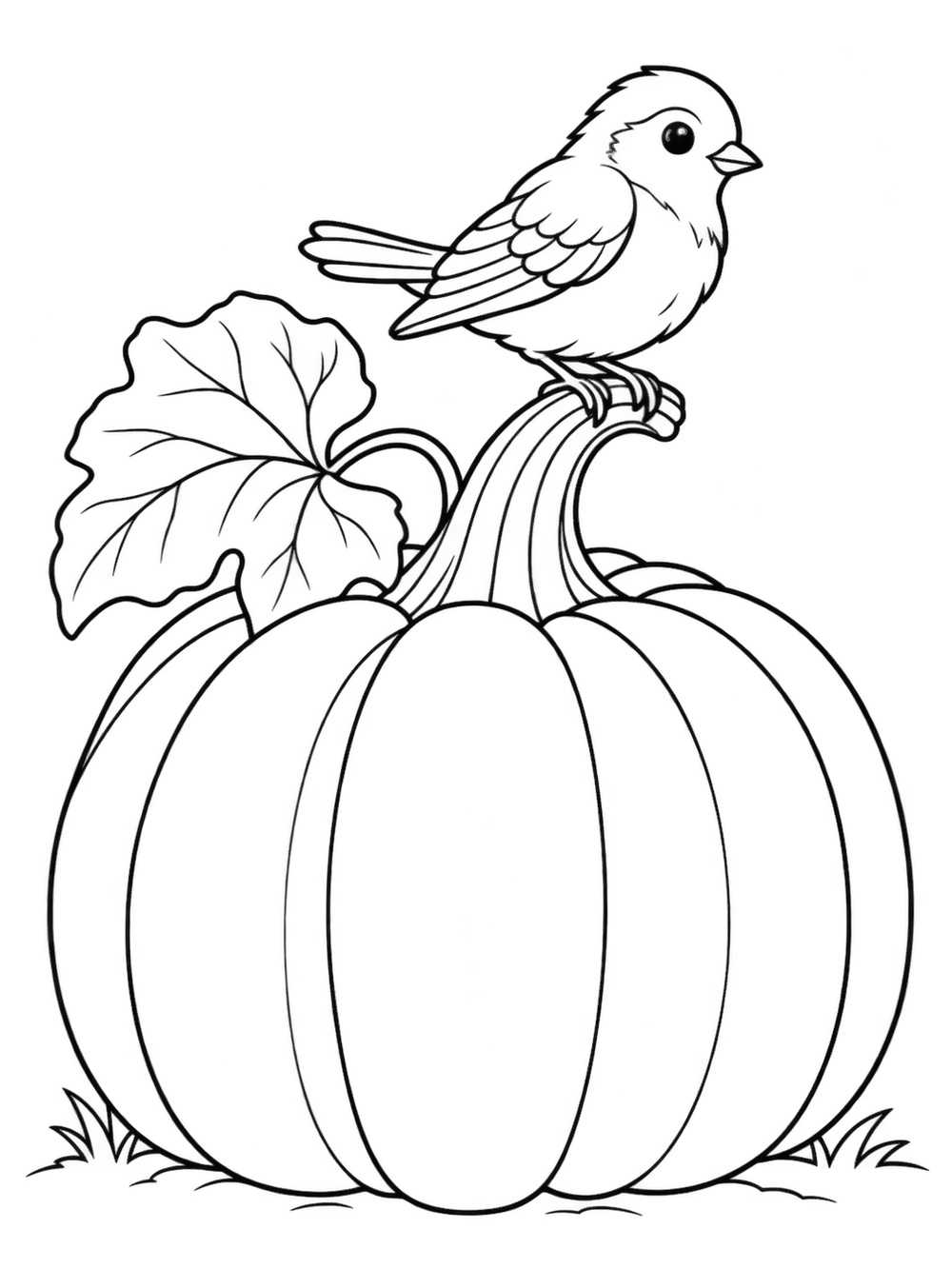 A detailed line-art pumpkin with a songbird perched on its curved stem, a broad leaf, and a simple ground line.
