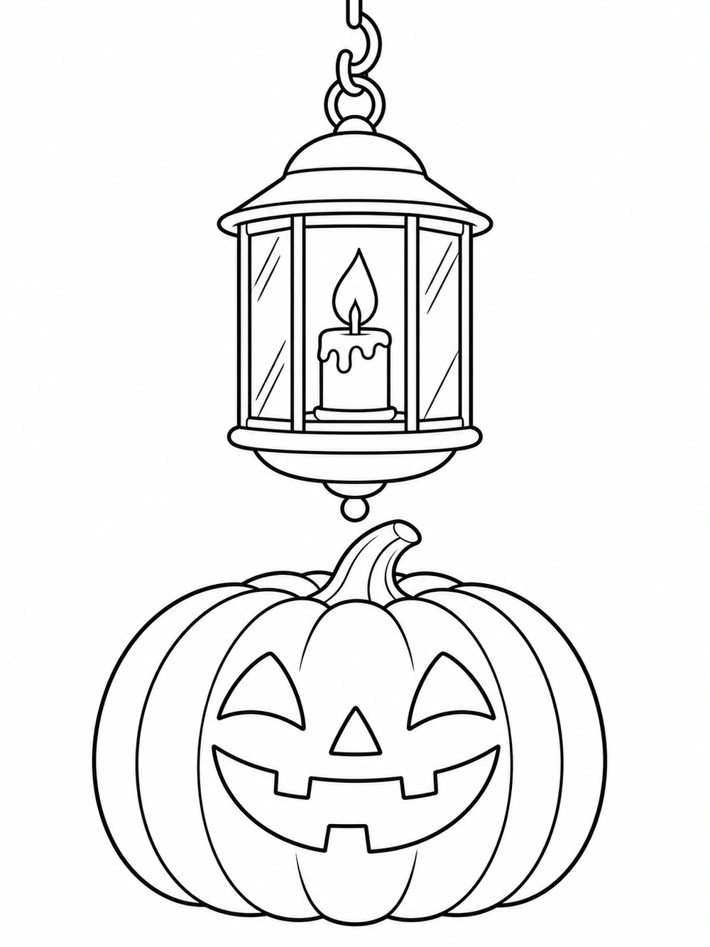 A large outlined lantern with a candle hangs above a smiling segmented pumpkin on a white background.
