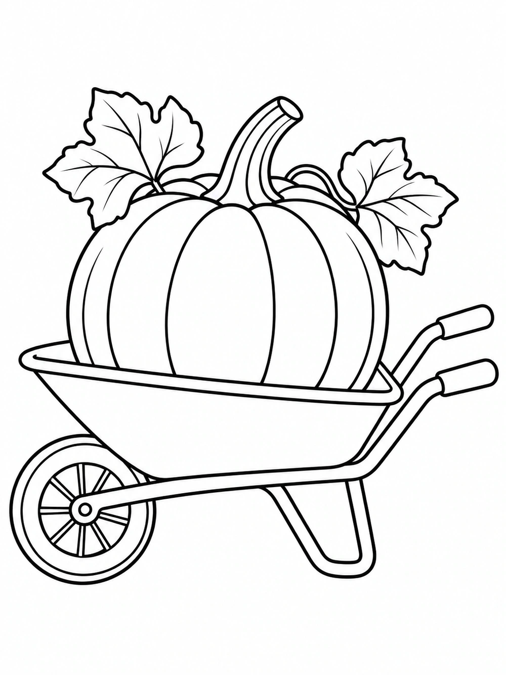 A wheelbarrow carrying one large pumpkin with a stem and two leaves.